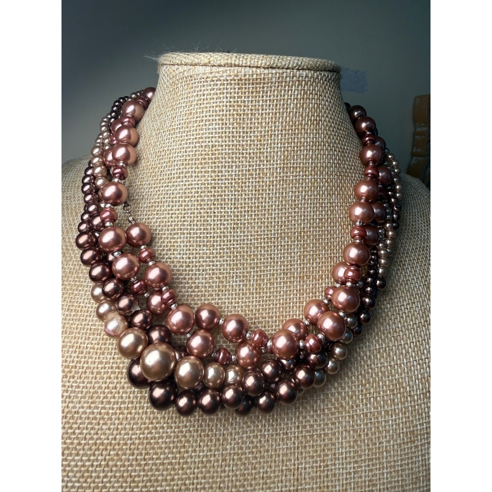 Rose Gold Tone Faux Pearl Beaded Necklace Set Long Multi Strand Glam Retro 80s